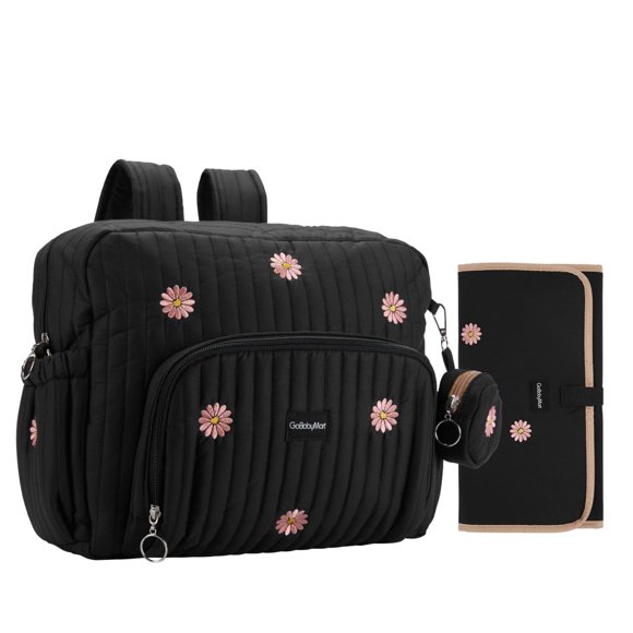 Mochila para pañales GOBABYMART mediana, aislante, negra con flores