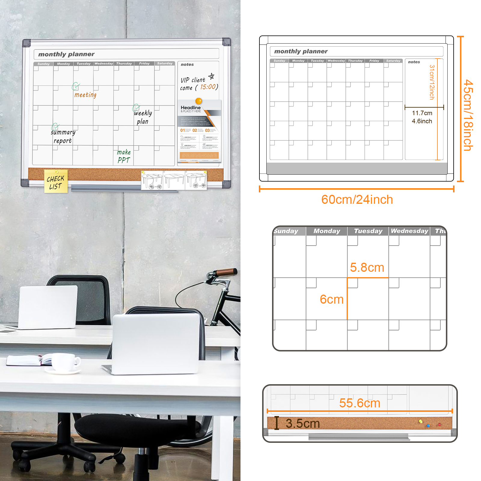 Swancrown 3-in-1 Dry Erase Calendar & Cork Board 24x18 photo 2