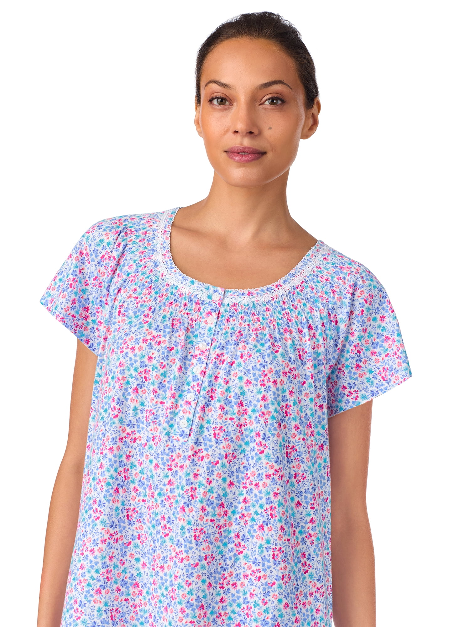 Aria Women's 100% Cotton Raglan Sleeve Smocked Neck 40" Sleepwear Gown, Sizes XS-5X