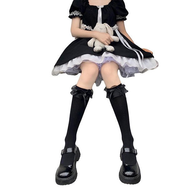 Calcetines japoneses hasta la rodilla para mujer, medias de estilo Lolita con lazo y ribete de encaje con volantes