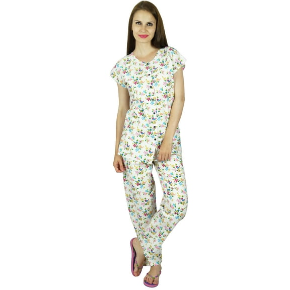 Bimba Women White Cotton Night Wear Pajama Set Cap Sleeve Shirt with Pyjamas