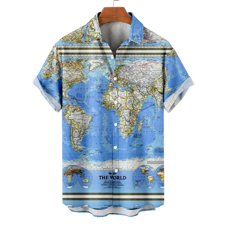 VSSSJ Hawaiian Shirts for Men Oversized Fit Fashion World Map Print Fast  Dry Summer Holiday Beach T Shirts Casual Front Pocket Button Down Short