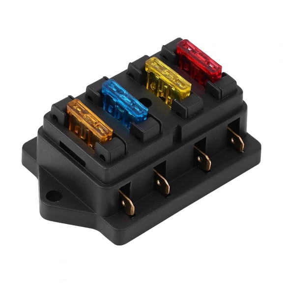Automotive 4-Way Blade Fuse Block Holder 12V/24V, Includes 5A, 10A, 15A, 20A Fuses, Universal Car Truck Boat Circuit Protection