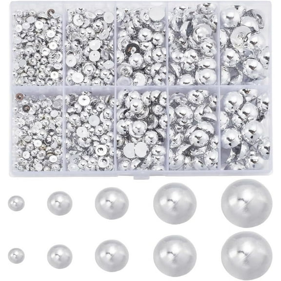 1 Box 70G 4~12mm Round Nail Beads Silver Flatback Pearls Nails ABS Plastic Multi Size Half Round Cabochons Makeup Flat Back Nail Bead Charms for Nails Art Design DIY Crafts Making Decoration DIY