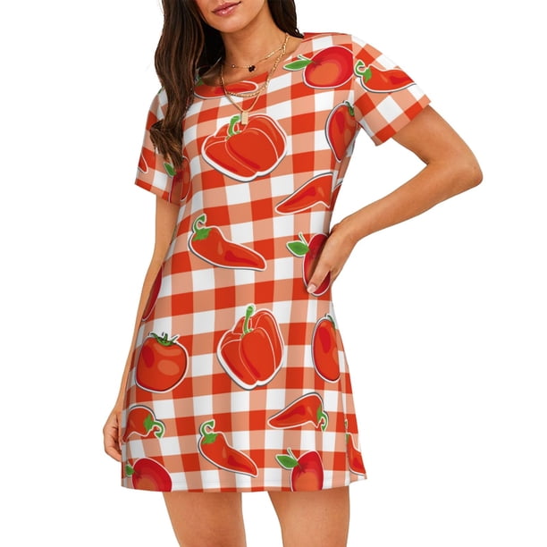 Balery Tomatoes And Chili Camisón de manga corta con cuello redondo para mujer, cómodo y elegante.
