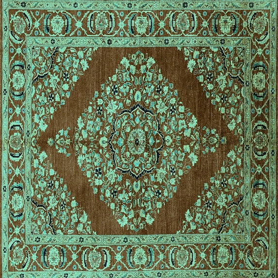 Ahgly Company Machine Washable Indoor Square Oriental Turquoise Blue Industrial Area Rugs, 3' Square