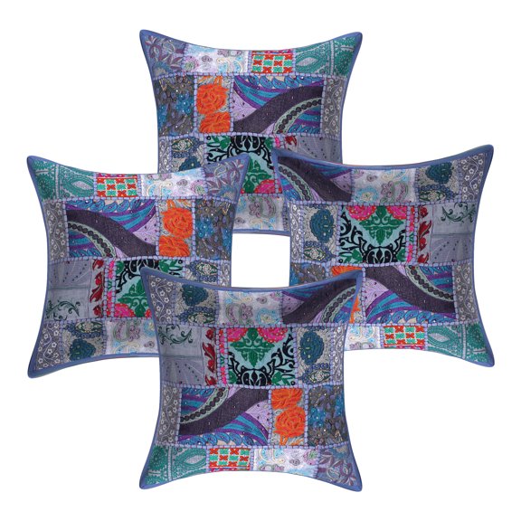 Stylo Culture Indian Cotton Living Room Throw Pillow Sham Covers Grey 16 x 16 Bohemian Vintage Patchwork Indian Couch Cushion Covers 40x40 cm Decorative Floral Square Pillowcases | Set Of 4