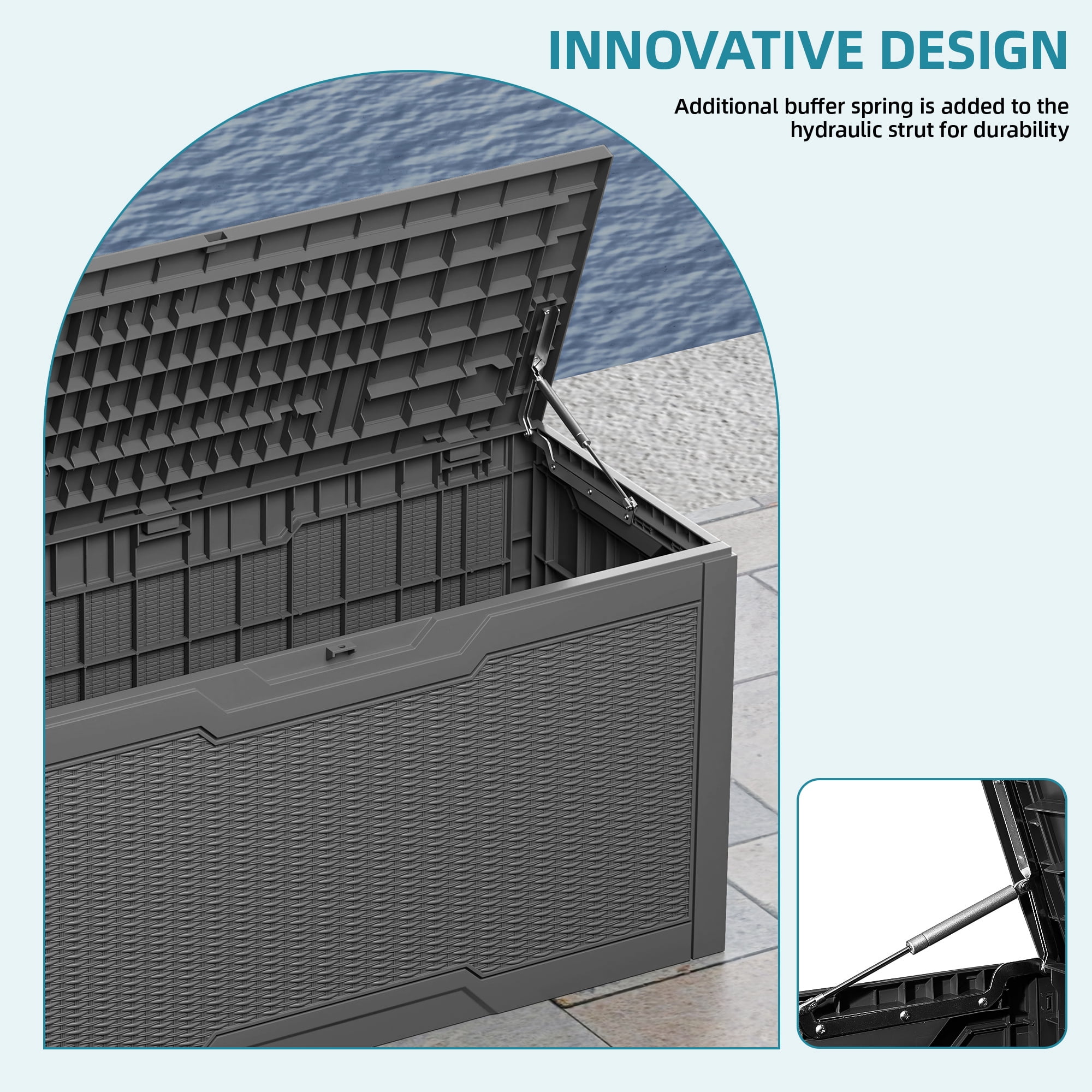 Uforic 80 Gallon Resin Deck Box, Weather Resistant Rattan Outdoor Storage Box, Lockable for Patio Garden Pool Supplies, Dark Gray