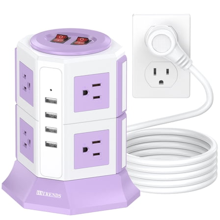 HITRENDS Surge Protector Power Strip Tower with 8 Outlet 4 USB Ports, 6.5ft Power Cord  Electric Charging Station, Purplish-white