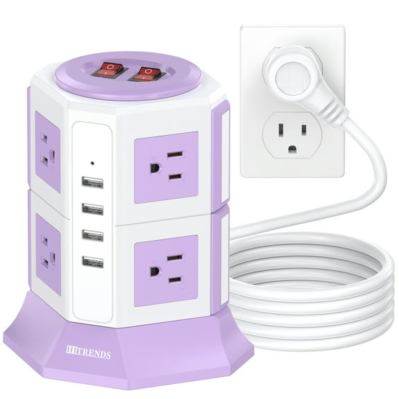 HITRENDS Surge Protector Power Strip Tower with 8 Outlet 4 USB Ports, 6.5ft Power Cord  Electric Charging Station, Purplish-white