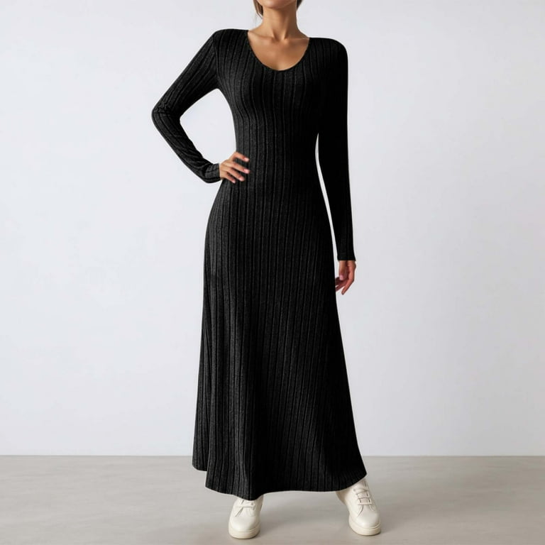 DHFJKG Sweater Dress For Women Knit Ribbed V Neck Long Sleeve Slim Fit Maxi  Dress Winter Pullover Tunic Ankle-Length Soft Dresses
