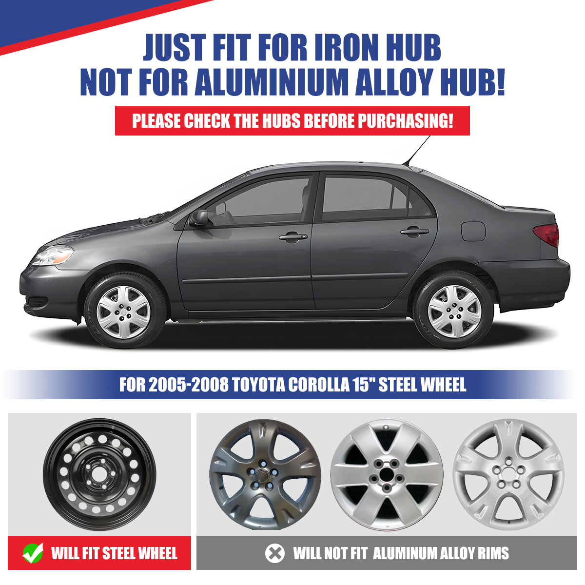 (Set of 4)15 inch Hubcaps for Toyota Corolla 2005-2008,Wheel Rim Cover Compatible with Steel Wheels,ABS+PC Material,Chrome