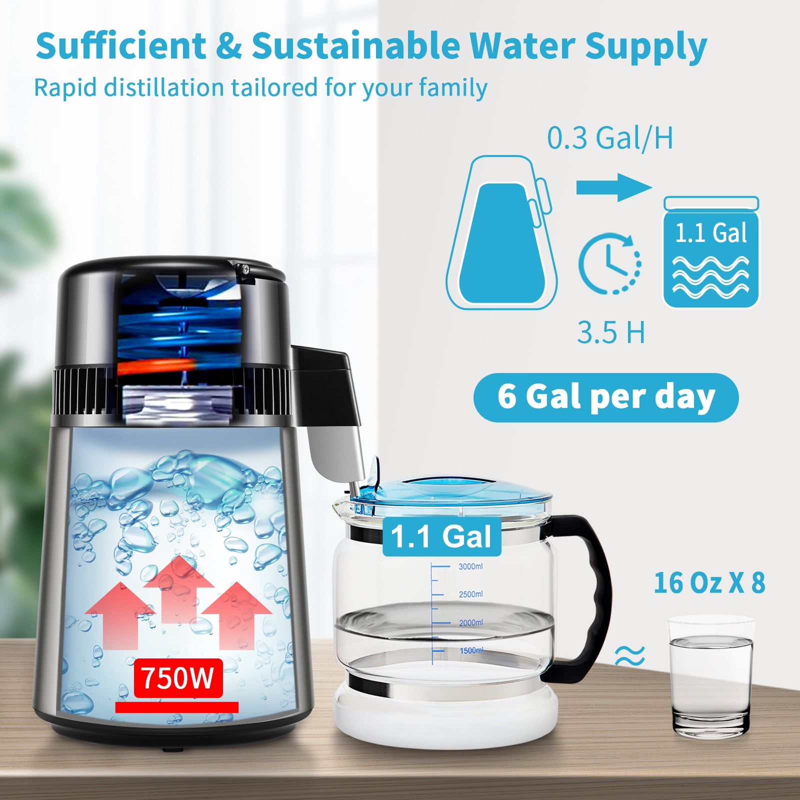 KFFKFF 4L Water Distiller, Distilled Water Maker Machine ,0.3 Gal/H,  Temperature Display Stainless Steel Countertop , 750W,Silver
