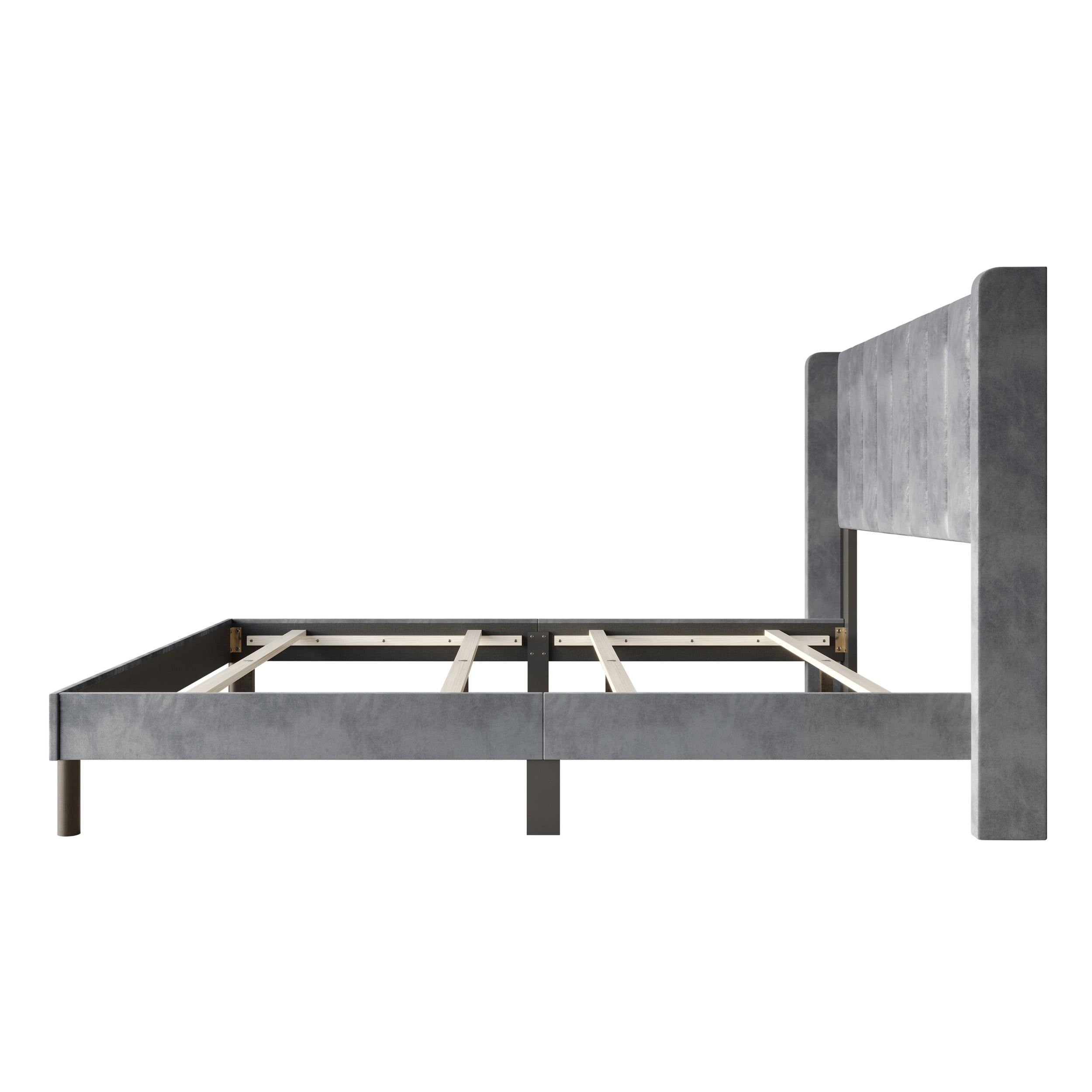 Home Design Herrin King Tufted Luxurious Velvet Upholstered Wingback Panel Bed Frame with Vertical Channel Tufting & Wingback Design, Silver Gray, Easy Assembly