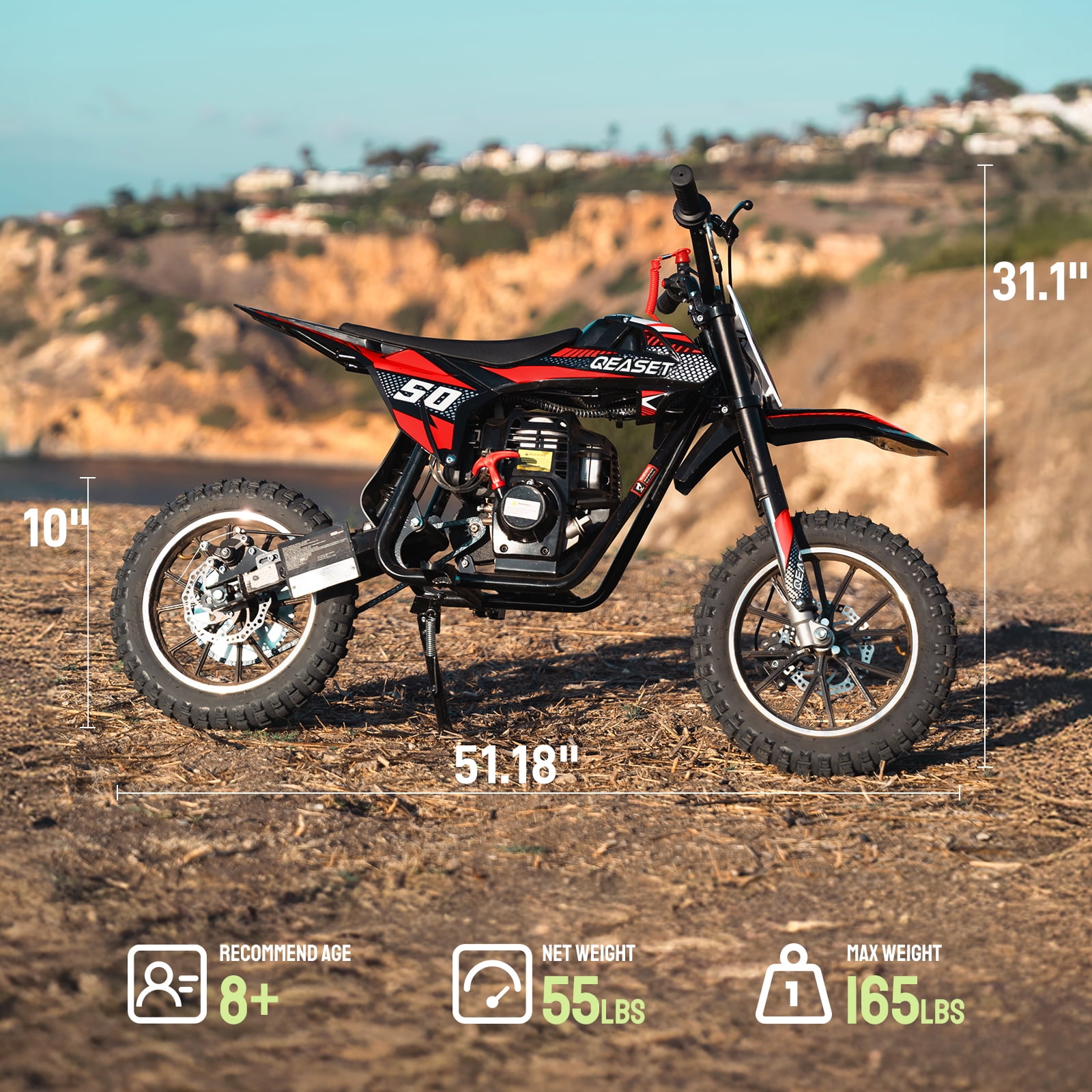 QEASET Gas Dirt Bike for Adults & Teens, 49CC 4-Stroke Gas Powered Mini Bike, Max Speed 25mph, Age13+ (Red)