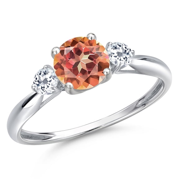Gem Stone King 10K White Gold Ecstasy Mystic Topaz and White Topaz 3-Stone Ring for Women | 1.28 Cttw | Round 6MM | Gemstone November Birthstone | Size 7