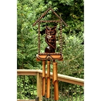 Handmade Wooden Owl House Bamboo Wind Chime Wood Statue Figurine Hoot Sculpture Decorative Rustic Patio Garden Outdoor Decor Handcrafted Decoration