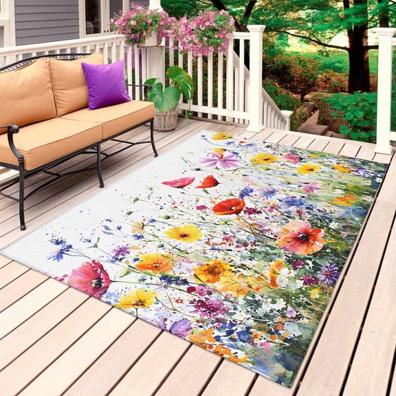 Watercolor Floral Spring Outdoor Rug for Patio/Deck/Porch, Non-Slip Large Area Rug 5 x 8 Ft, Botanical Summer Oil Painting Indoor Outdoor Rugs Washable Area Rugs, Reversible Camping Rug Carpet Runner