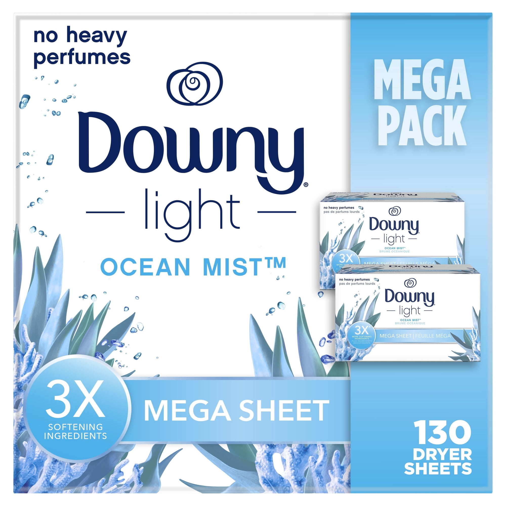 Downy Light Mega Dryer Sheets, Fabric Softener Dryer Sheets, Ocean Mist, 130 Count