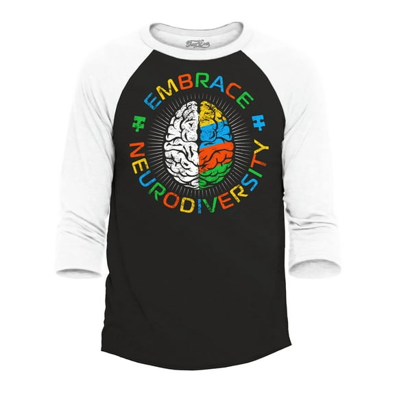 Shop4Ever Men's Embrace Neurodiversity Brain Autism Spectrum ADS Raglan Baseball Shirt XX-Large Black/White