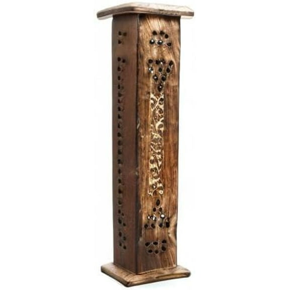 Hosley Hand-Carved Wooden Incense Stick Holder Tower – Tall Decorative Burner Box with Hinged Door for Aromatherapy, Meditation, Yoga, Home & Office Décor (Includes 20 Incense Sticks)