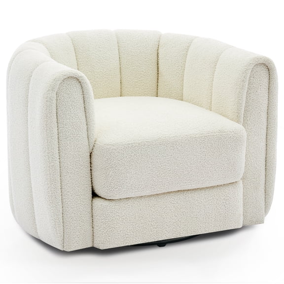 360° Swivel Barrel Accent Chair, Stuffed Velvet Upholstered Round Armchair - Striped Backrest, Soft Cushion - Comfy Makeup Vanity Chair for Living Room/Bedroom - Beige
