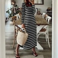 thumbnail image 3 of Lohuatrd Women Fall Spring Dress Striped Color Matching Loose Split Hem V Neck Mid-calf Length Soft Long Sleeve Pullover Oversized Casual Midi Dress, 3 of 8