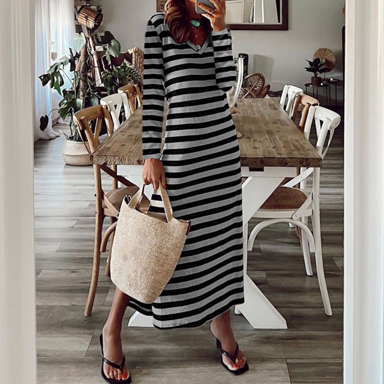 Lohuatrd Women Fall Spring Dress Striped Color Matching Loose Split Hem V  Neck Mid-calf Length Soft Long Sleeve Pullover Oversized Casual Midi Dress  - Walmart.com
