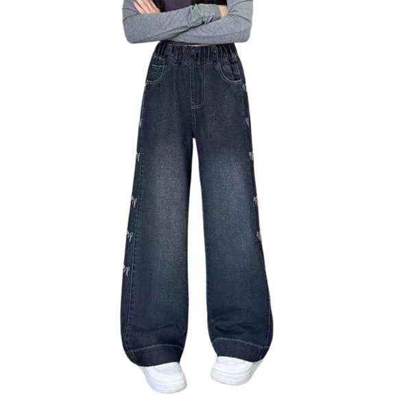 TIREOW Girls Denim Pants Straight Wide Leg Elastic High Waist Denim Trousers with Side Bow Embroidery Fashionable Casual Loose Jeans(Black,14-16 Years)