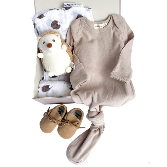 MOYA Baby Gift Box - Newborn Keepsake Box for Boy and Girl, Baby Clothes, Knotted Gown and Swaddle Blanket, Baby Shower Gifts Set for Unisex in a Box and a Basket, Baby Welcome Box, Baby Registry.