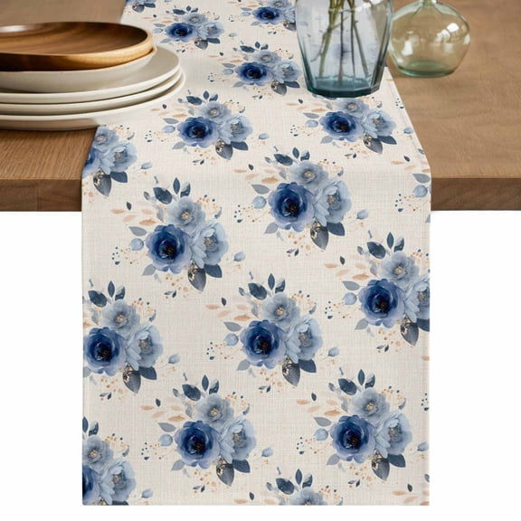 Navy Blue Spring Floral Table Runner 48 Inches, Farmhouse Flowers Modern Art Bed Runner Dresser Scarves Tabletop for Indoor Outdoor Parties/Ceremony/Banquet, 13" x 48"