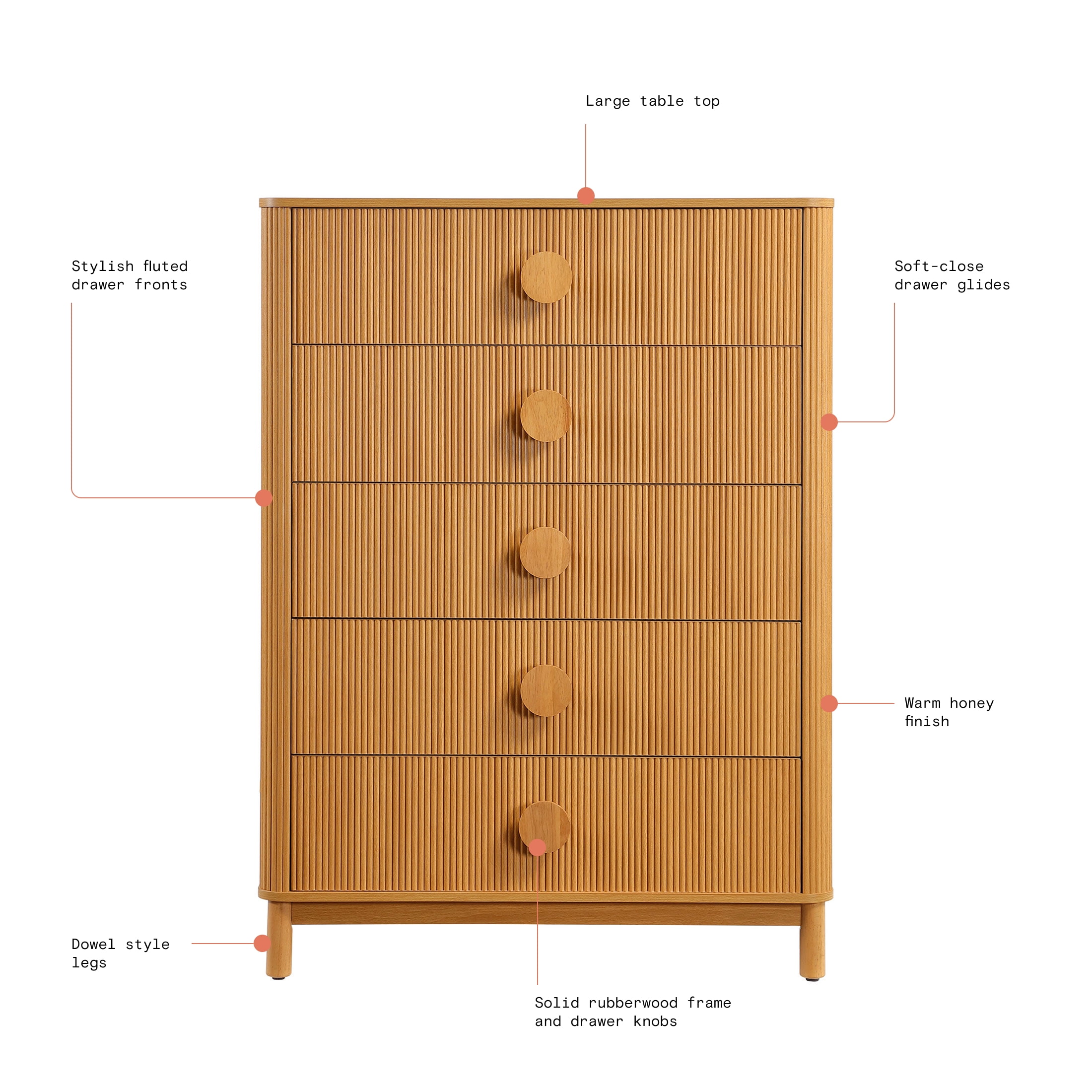 Beautiful Fluted 5 Drawer Dresser, 48" Tall, Warm Honey Finish