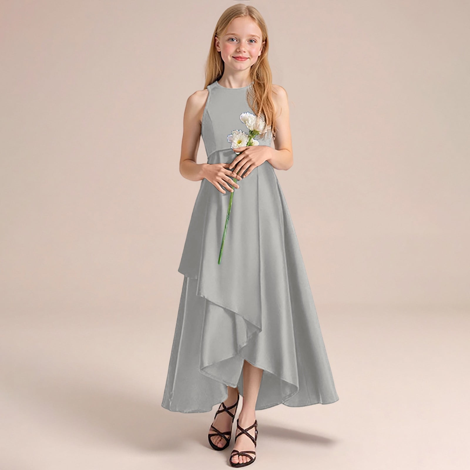 Wdgfv Girls Formal Dresses Elegant Party Gown For Recital Performance Pageant Sleeveless Summer Dress Toddler To Teen Gown Grey 3-4 Years