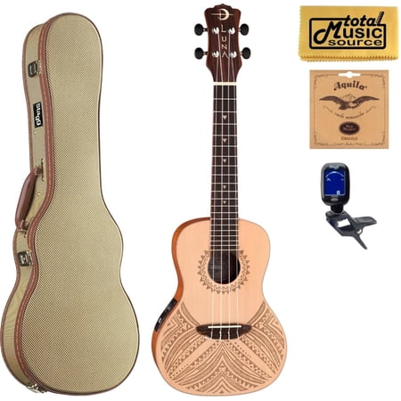 Luna UKE TAPA SPR Concert Solid Spruce A/E Ukulele, W/ Tweed Case Bundle