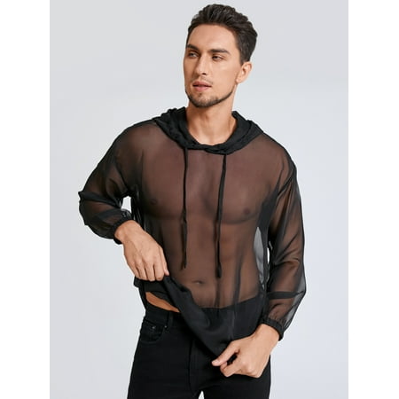 INCERUN Men's Sexy Long Sleeve T-Shirt Loose Sheer Mesh Crop Tops See ...