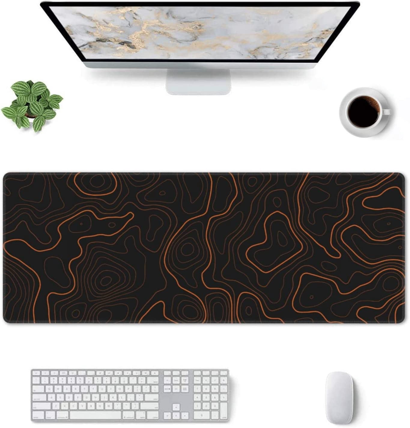 Orange Topographic Mouse Pad Large Gaming XL Geographic Map Lines Contour Desk Mat Extend Long Mousepad for Computer Laptop Office Non-Slip Rubber Stitched Edges 31.5 x 11.8 Inch