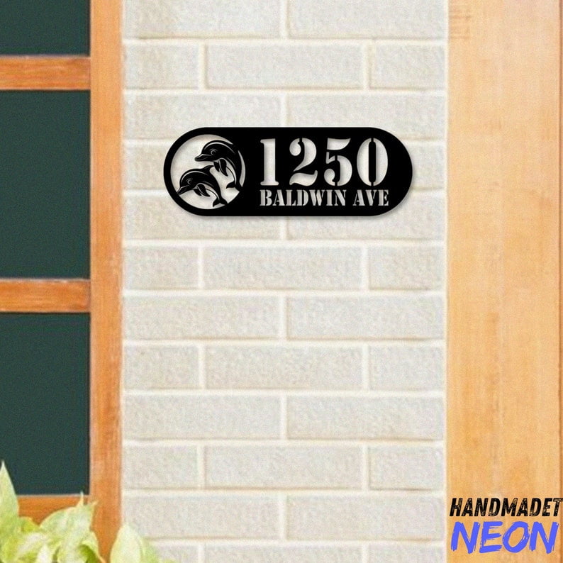 Handmadetneonsign Dolphins House Number Metal, Dolphin Home Number Metal Sign, Address Wall Decor 043888