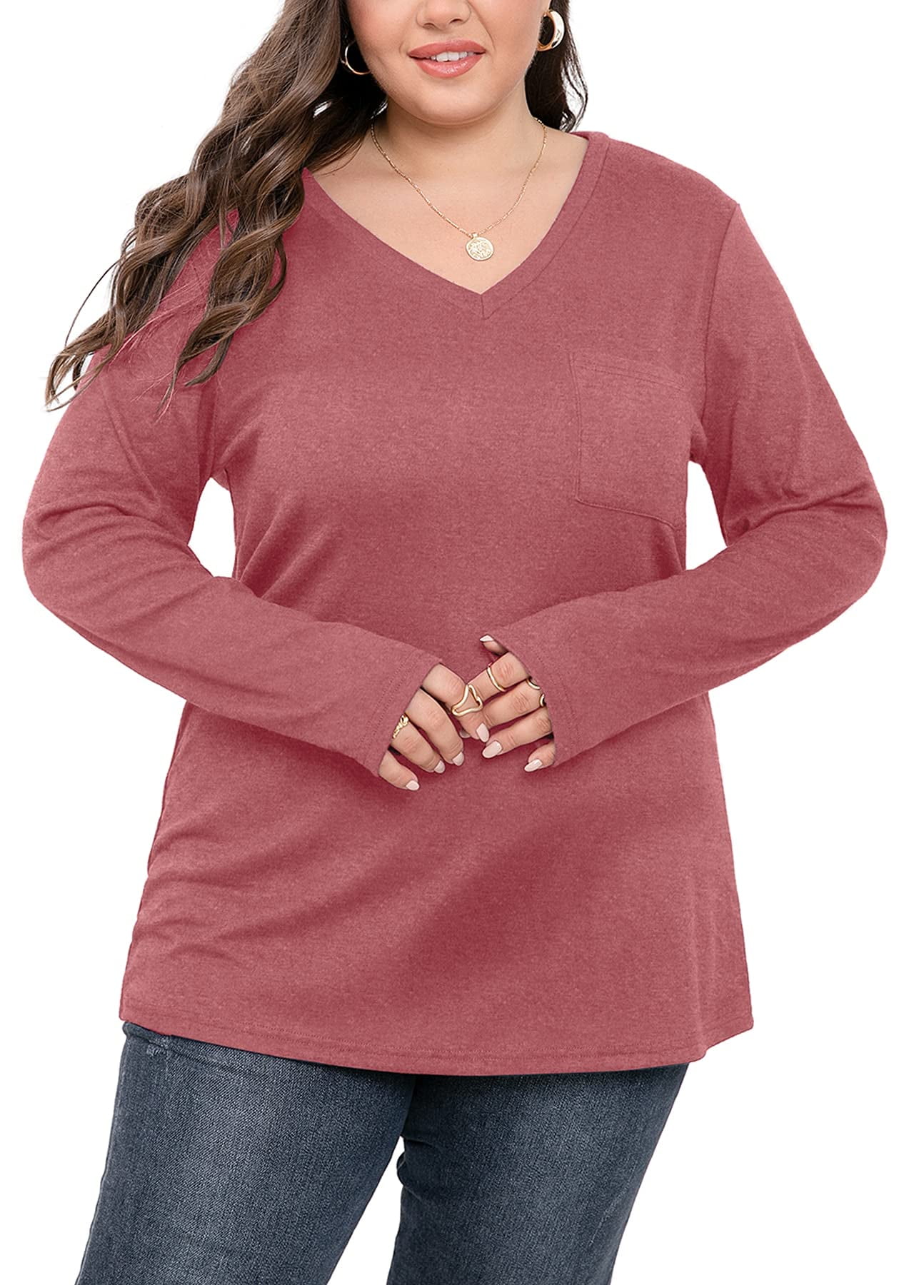 SHOWMALL Plus Size Tops for Women Long Sleeve Brownish Red 2X T Shirt V ...