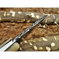 thumbnail image 2 of 6.5" Long Damascus steel hand forged compact skinning Knife, 3" drop point full tang blade, Camel Bone scale, Cow hide Leather sheath, 2 of 6