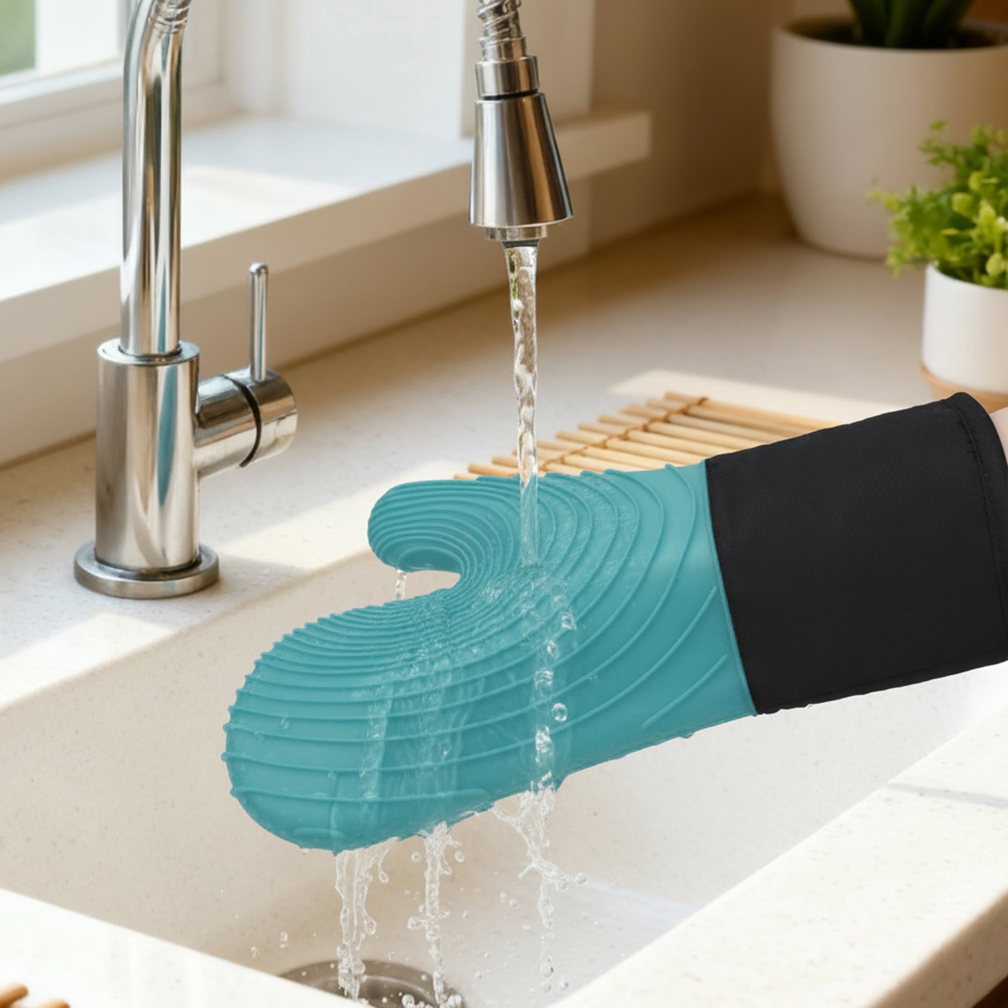 Unique Bargains Cotton Oven Mitts Heat-Resistant Cooking Gloves Cyan 13.4x7.1inch
