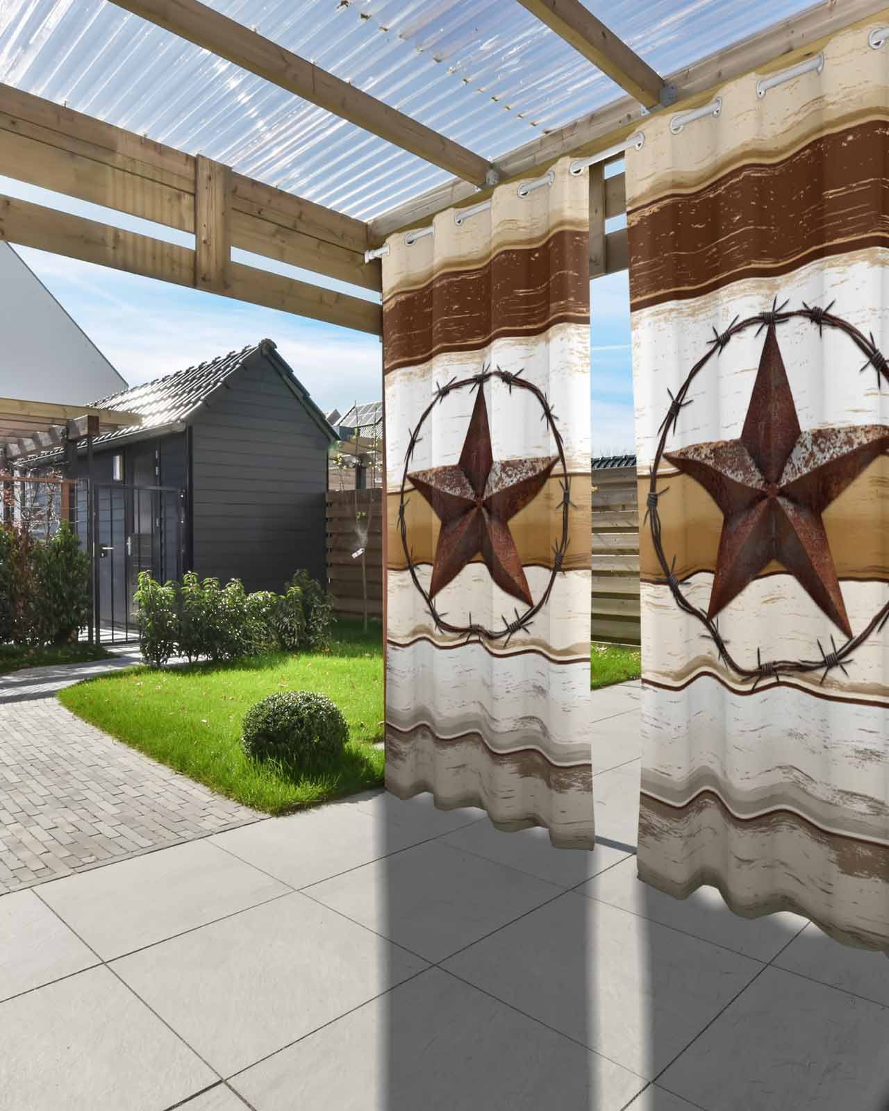 nqOlkjepod Outdoor Curtains for Patio Waterproof, Brown Beige Texas Star Outdoor Privacy Panels Grommet, Vintage Stars Wooden Blackout Outside Curtains for Porch/Cabana/Pergola 54"x108", 2 Panels