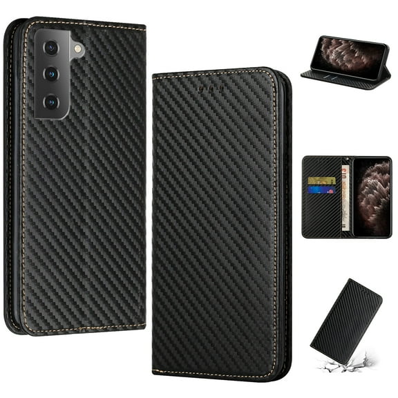 SaniMore for Samsung Galaxy S23 Wallet Case, Wrist Strap Magnetic Clasp, Card Slots Carbon Fibre Skin Shockproof TPU Anti-drop Anti-scractch Stand Business Full Body Protective Shell, Black