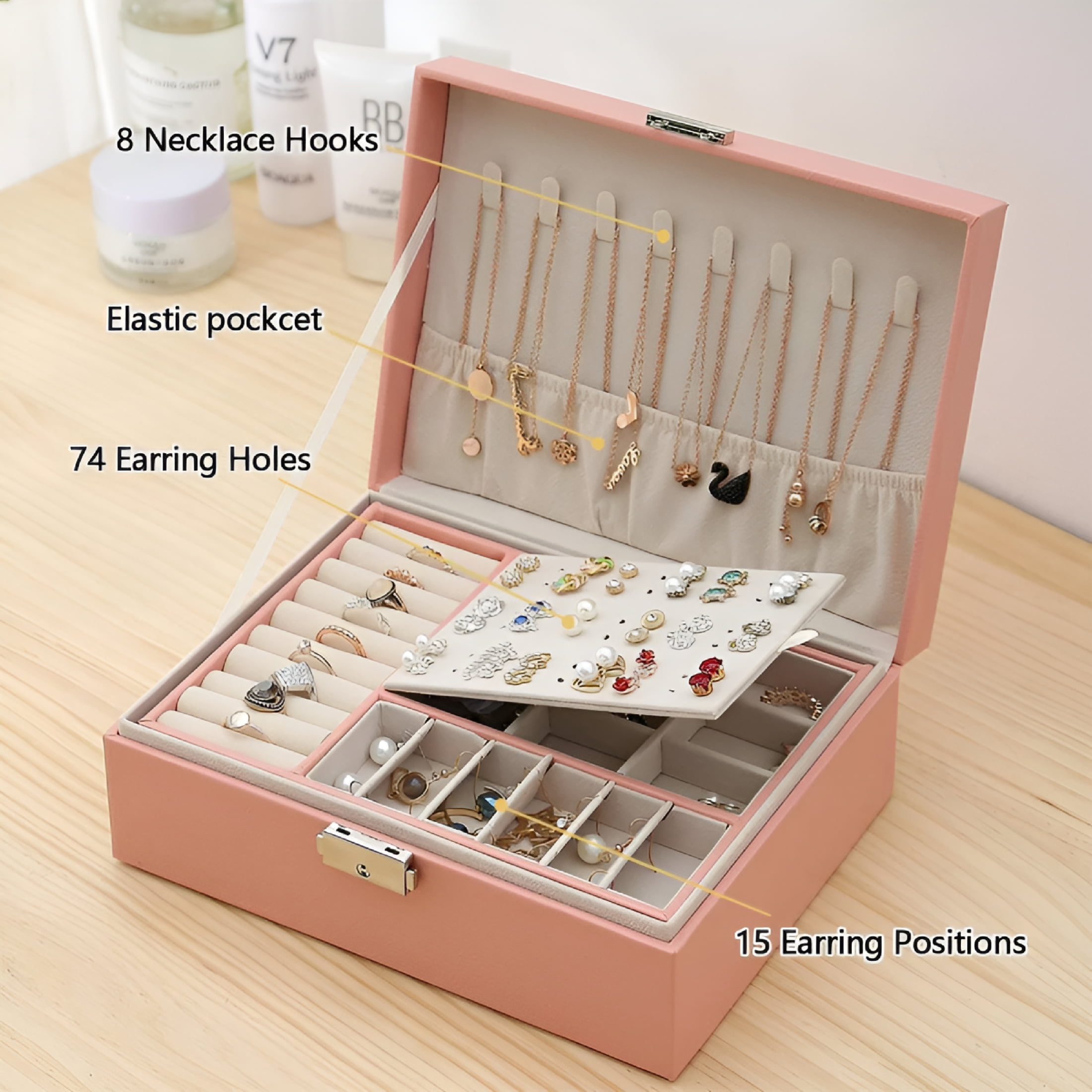 DESIGNICE Jewelry Organizer Box, Elegant Durable Pu Leather, Wooden Frame Construction, Anti-Tarnish Beaded Flannel, for Women, Pink (2 Layers)