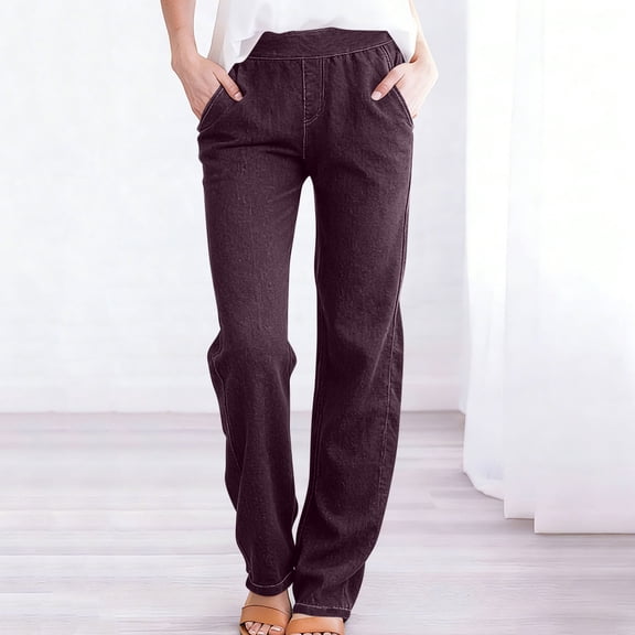 Yourumao Straight Leg Jeans for Women Elastic Waisted Jeans Stretchy Wide Leg Denim Pants Classic Jean Trousers with Pockets