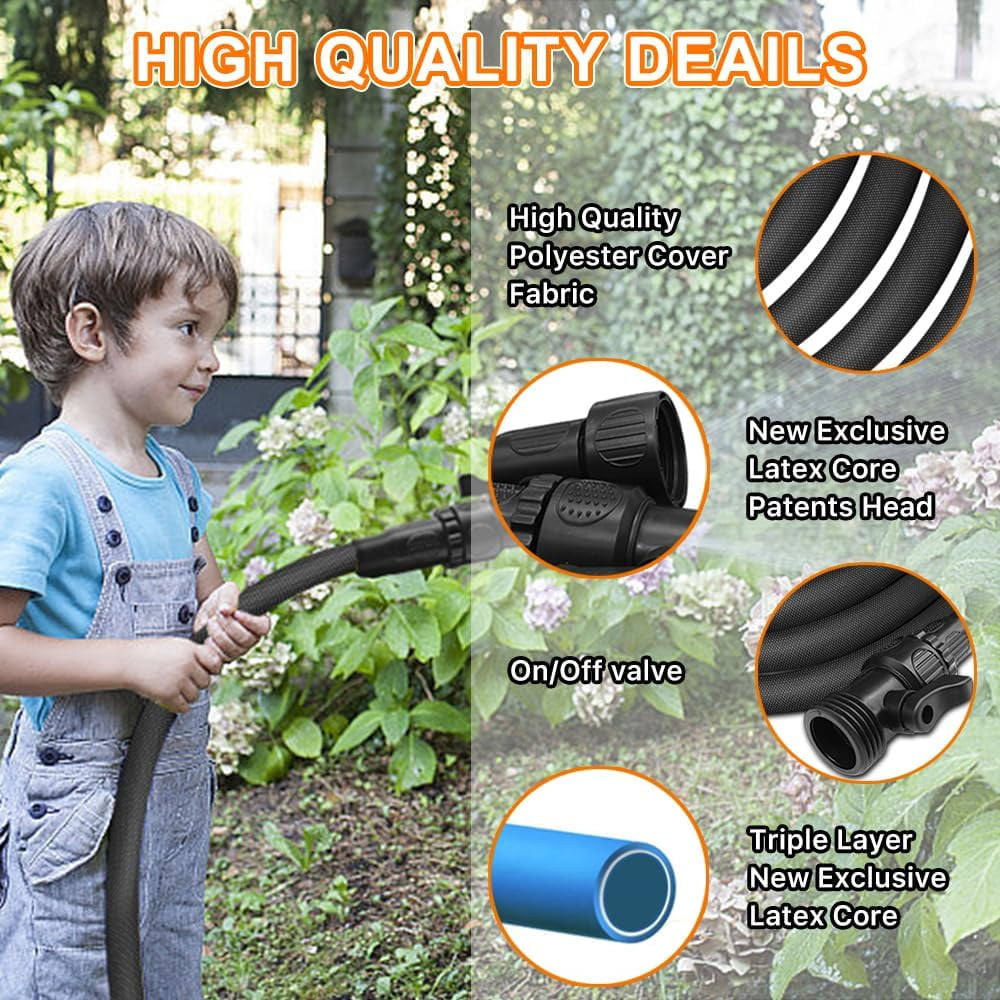 Garden Hose 75ft, Pliable lightweight Water Hose with Triple Layer 3/4" Fittings Ergonomic Grip Indoor & Outdoor Use Gift for Lawn Car Watering Plants Black