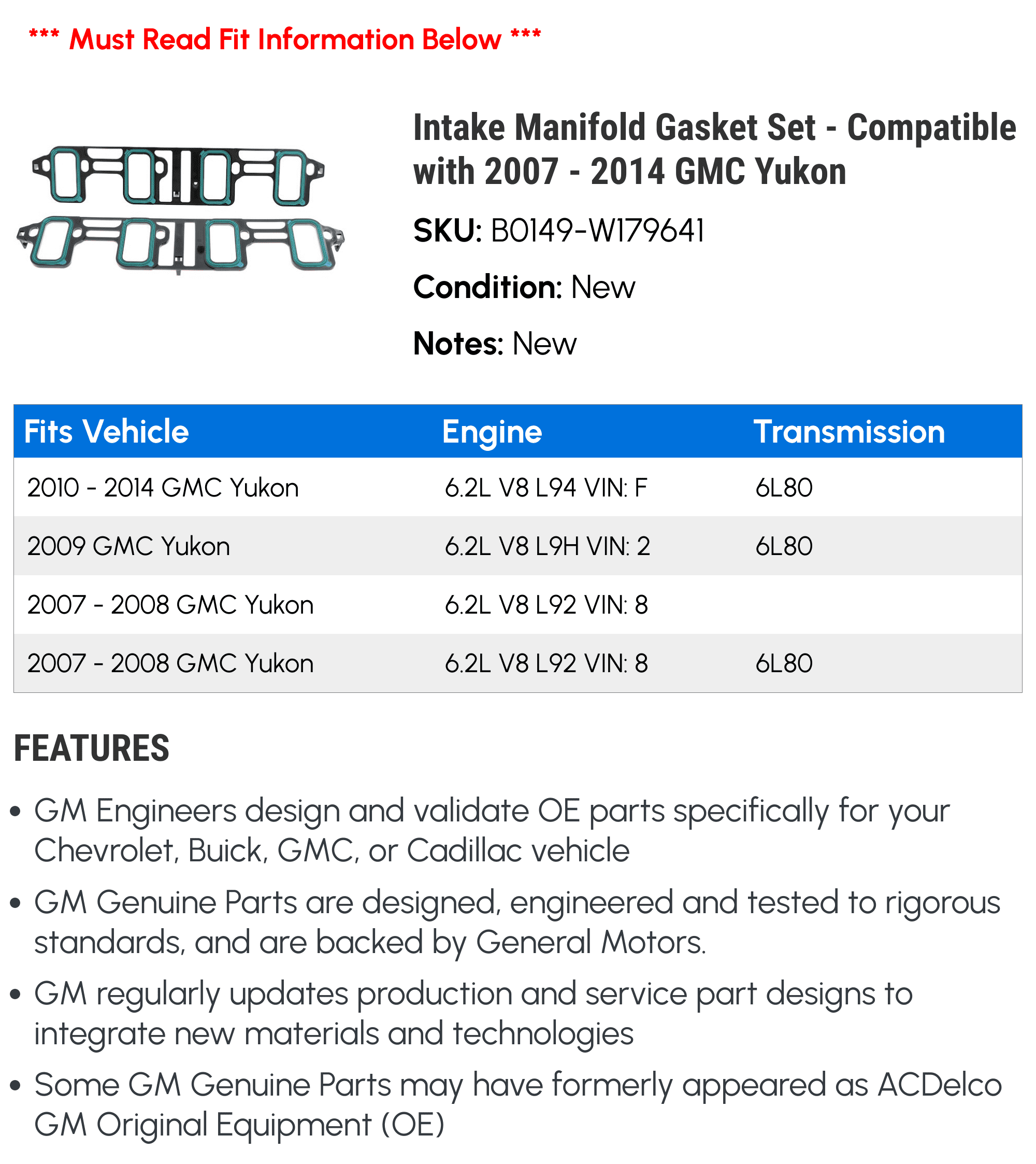 Intake Manifold Gasket Set - Compatible with 2007 - 2014 GMC Yukon 2008 2009 2010 2011 2012 2013