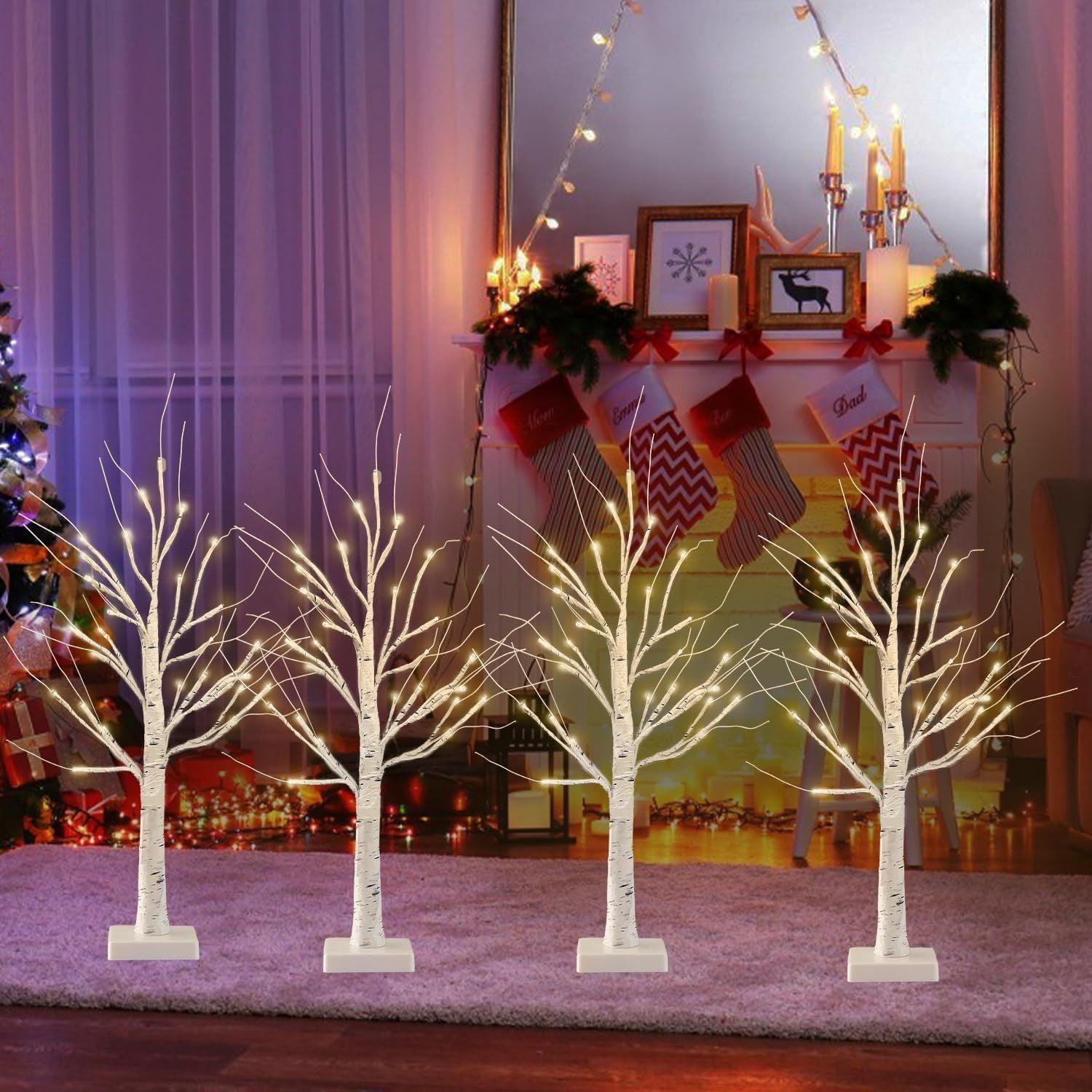 4-Pack 2FT Lighted Birch Tree with Timer for Christmas Decorations Indoor, Artificial Birch Tree with 48 LED Warm White Lights, Fairy Light Tabletop Centerpiece Tree for Christmas Winter