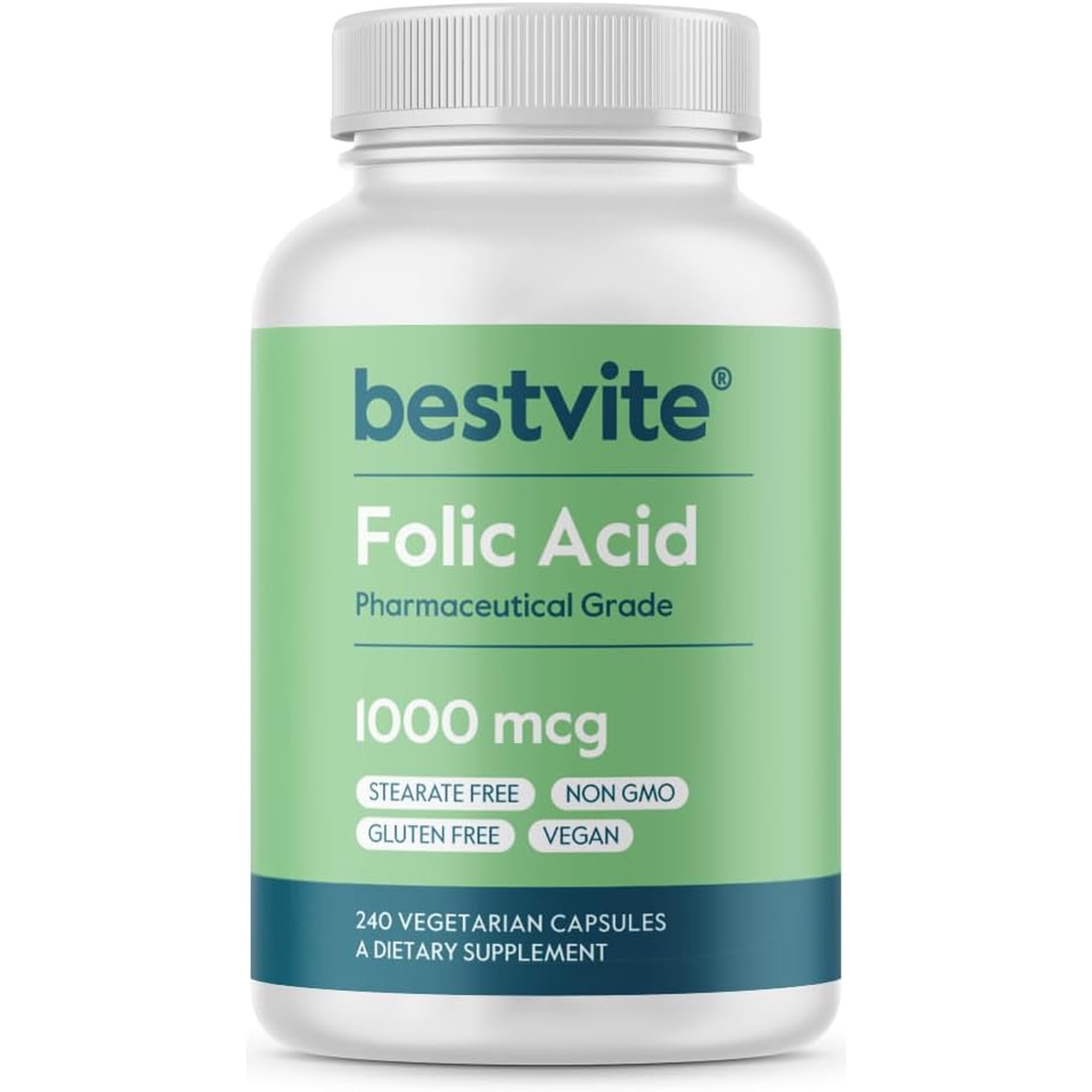 BESTVITE Folic Acid 1000mcg (Vitamin B9) (240 Vegetarian Capsules) - No Dicalcium Phosphate - No Stearates -No Silicon Dioxide - Non GMO - Gluten Free