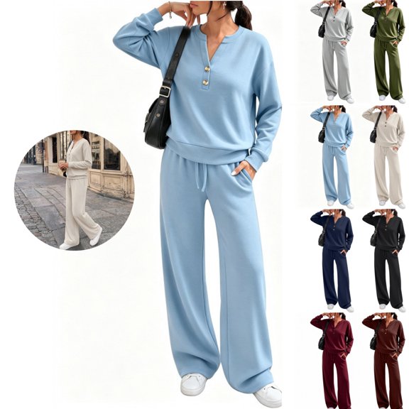 Mfakffe Womens 2‑Piece Tracksuit Set Henley Long Sleeve Top & Drawstring Wide Leg Pants Loose Soft Matching Loungewear Outfit