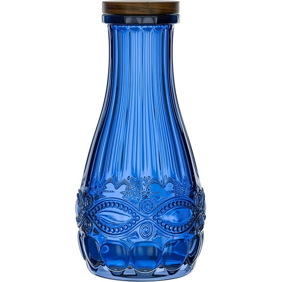 Elle Décor Colored Glass Carafe with Wood Lid Leak-Proof Glass Pitcher, Grade Silicone, 1 Liter, Blue